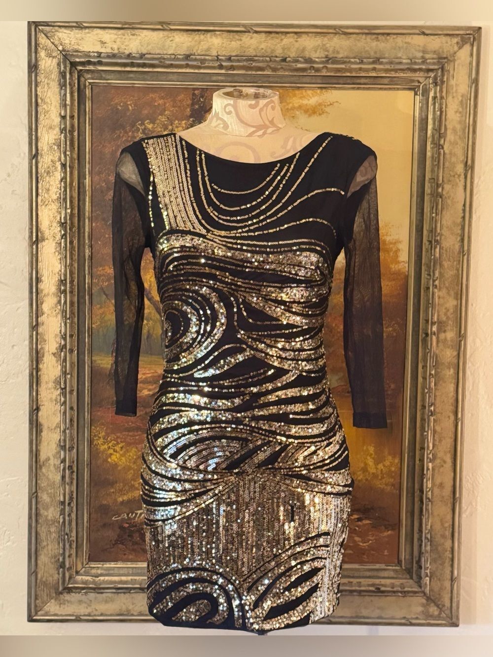 bebe 00s Y2K Black and Gold Sequin Mini Cocktail Dress - XS